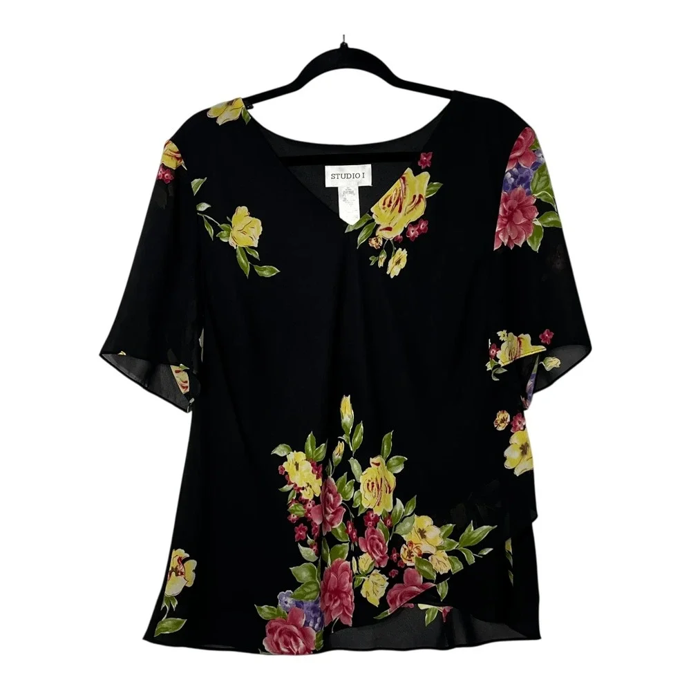 Studio I Womens 20W Black Floral 2 Piece Set Chiffon Top and Skirt Special Event